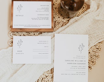 May include: A white wedding invitation with a simple floral design. The invitation includes the names Caroline Williams and Harrison Gardner, the date Saturday, April 28th, and the time 5:00 in the evening. The reception will follow at Sallow Green in New York, NY.