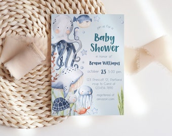 BRUNA - Under the Sea Baby Shower Invitation, Ocean & Sea Baby Shower Invitation Template, Editable Under the Sea Baby Shower Invite