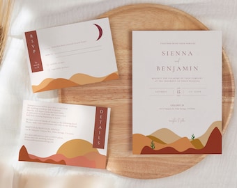 SIENNA Modern Desert Wedding Invitation Template, Terracotta Wedding Invitation Set, Abstract Boho Invites, Cactus, Earth, Burnt Orange