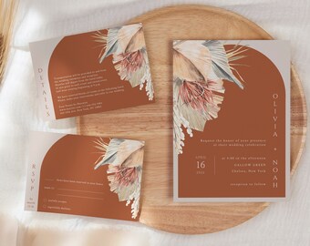 OLIVIA Boho Dried Palm Arch Wedding Invitation Template Suite, conjunto editable de invitación de boda de terracota, traje de boda naranja quemado, terroso