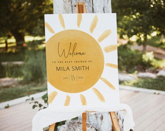 MILA - Sunshine Baby Shower Willkommensschild Vorlage, Ein kleiner Sonnenstrahl bearbeitbares Willkommensschild, Boho Sunshine Baby Shower Willkommensschild