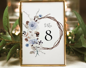 Dusty Blue Wedding Table Number Sign Template Editable Table Card Winter Blue Floral Table Sign Printable 4x6 and 5x7 INSTANT DOWNLOAD Win1