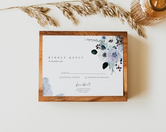 Dusty Blue Wedding RSVP Template Printable Winter Blue Floral Wedding Response Postcard Anemone Eucalyptus Editable INSTANT DOWNLOAD Win1