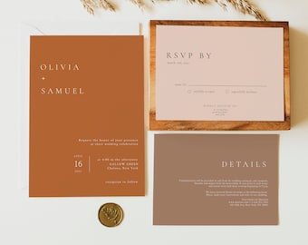 Editable Terracotta Wedding Invitation Suite, Burnt Orange Wedding Invitation Template Set, Rust Wedding Invite, Modern Minimalist Boho, Tm1