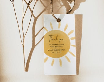 MILA - Sunshine Baby Shower Thank You Favor Tag Template, A Little Ray Of Sunshine Editable Favor Tag , Boho Sunshine Gift Tags