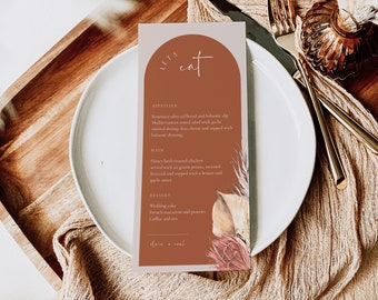 OLIVIA Arched Boho Wedding Menu Template, Terracotta Editable Wedding Menu, Burnt Orange Wedding Dinner Menu, Bohemian Menu, Palm Leaves
