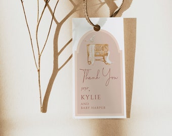 KYLIE - Arch Boho Baby Shower Favor Tag Template, Editable Bohemian Baby Bassinet Thank You Tag, Arched Earth Tones Gift Tag, Terracotta Tag