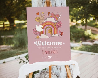 SURI - Retro Baby Shower Editable Welcome Sign, Peace Love and Baby Shower Welcome Sign Template, 60's 70's Baby Poster Sign, Hippie Sign