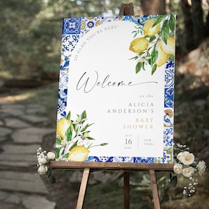 ALICIA - Cartello di benvenuto per baby shower con piastrelle blu e limoni, Cartello di benvenuto per baby shower italiano modificabile, Cartello di benvenuto per baby shower con arco di agrumi
