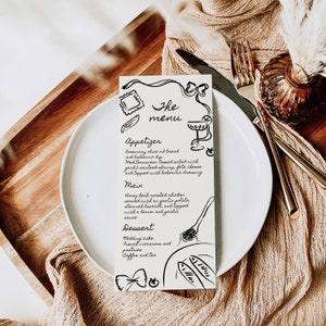 AMELIA: Plantilla de menú de boda, Menú dibujado a mano editable, Menú de boda escrito a mano, Menú de ilustración de garabatos, Menú caprichoso, Menú divertido