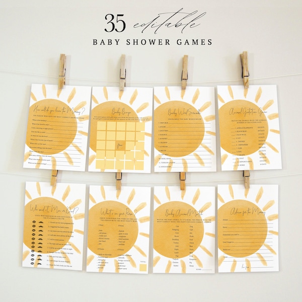 MILA - 35 Editable Baby Shower Games Template, A Little Ray Of Sunshine Editable Baby Shower Games , Boho Sunshine Baby Shower Game