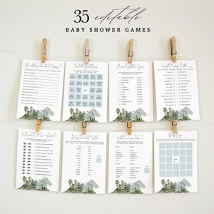 LILY - The Adventure Begins Zestaw gier na baby shower, Edytowalne gry na baby shower w górach, Gry na baby shower w lesie, Gry leśne