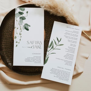 SAFIRA - Greenery Wedding Program Template, Editable Wedding Program, Eucalyptus Wedding Program, Wedding Program Printable, Program Card
