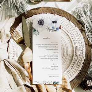 Dusty Blue Wedding Menu Template Dinner Card Bridal Winter Blue Floral Anemone Pine Conifer Cotton Editable Printable INSTANT DOWNLOAD Win1