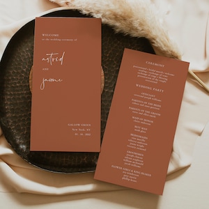 DAKOTA - Mall för terrakottabröllopsprogram, redigerbart bränt orange bröllopsprogram, bohemisk ökentjänstordning, jordnära bröllopsprogram