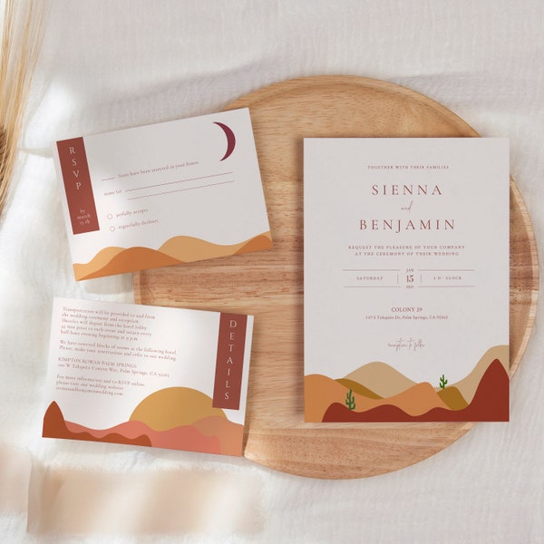 SIENNA Modern Desert Wedding Invitation Template, Terracotta Wedding Invitation Set, Abstract Boho Invites, Cactus, Earth, Burnt Orange