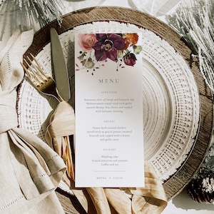 Plantilla de menú de boda floral de Borgoña, tarjeta de menú boho imprimible, menú de orquídeas, menú de cena de flores de Merlot, texto 100% editable, 2 TAMAÑOS, Bcf