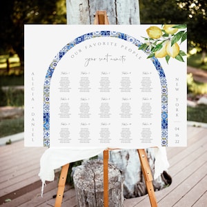 ALICIA - Blue Tiles and Lemons Wedding Seating Chart Template, Editable Mediterranean Seating Plan, Arched Seating Chart, Citrus Arch Sign