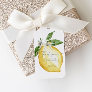 ALICIA - blauwe tegels en citroenen baby shower gunst tag, bewerkbare Italiaanse baby shower dank u tag, Citrus baby shower dank u gunst tag