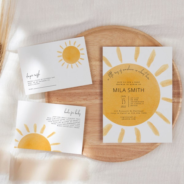 MILA - Sunshine Baby Shower Invitation Suite Template, A Little Ray Of Sunshine Editable Invitation Set, Boho Sunshine Baby Shower Invite