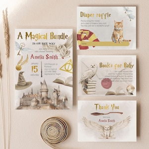 May include: A set of four printable cards for a baby shower with a Harry Potter theme. The cards are decorated with owls, a castle, and other Harry Potter imagery. The text on the cards includes "A Magical Bundle is on the Way", "Diaper Raffle", "Books for Baby", and "Thank You".
