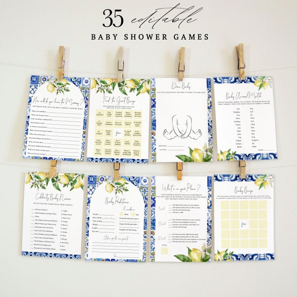 ALICIA - Blue Tiles and Lemons Baby Shower Games Bundle, Editable Italian Baby Shower Games Bundle, Citrus Arch Baby Shower Games Template