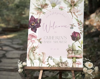 ELLA - Fairy Baby Shower Welcome Sign, Wildflower Baby Girl Welcome Sign, Fairy Garden Editable Poster Sign, Floral Fairy Welcome Signage