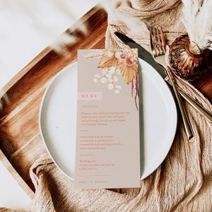 EMMA Boho Bruiloft Menu Sjabloon, Pampas Gras Bruiloft Diner Menu, Gedroogde Palm Bewerkbaar Menu, Woestijn Bloemen Boho Menu, Gebrande Sinaasappel, Roest