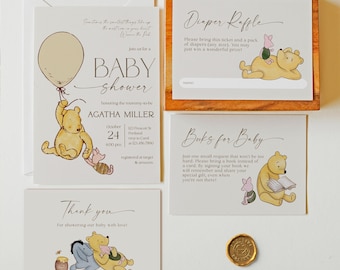 POOH - Classic Winnie the Pooh Baby Shower Invitation, Editable Winnie the Pooh Invitation Set, Vintage Pooh Bear Invitation, Baby Sprinkle