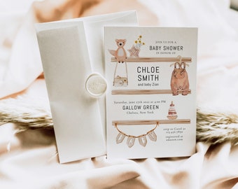 CHLOE - Boho Baby Shower Uitnodiging Sjabloon, Boho Toys Baby Party Uitnodigen, Bewerkbare Aardse Tonen Baby Shower Uitnodiging, Retro Kleding