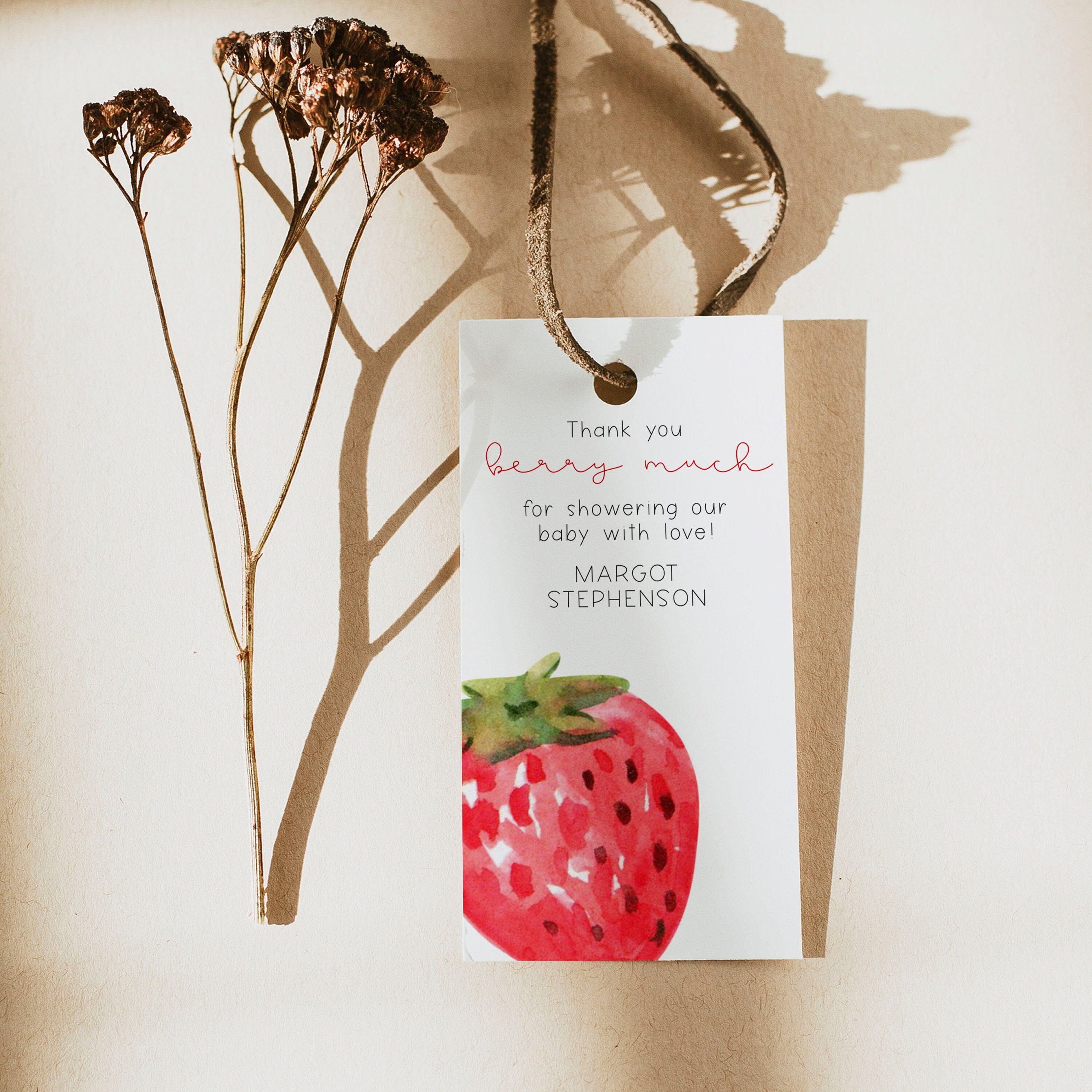 MARGOT - Strawberry Baby Shower Favor Tag, A Berry Sweet Baby Shower Favor Tag Template, Red Strawberry Baby Shower Gift Tag, Thank You Tag