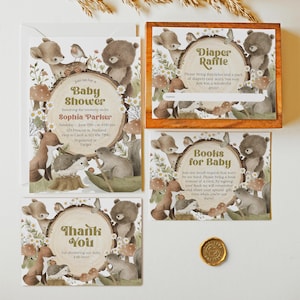 SOPHIA - modèle d'Invitation pour baby shower des bois, suite d'invitations animaux de la forêt, invitation modifiable animaux des bois, invitation de verdure
