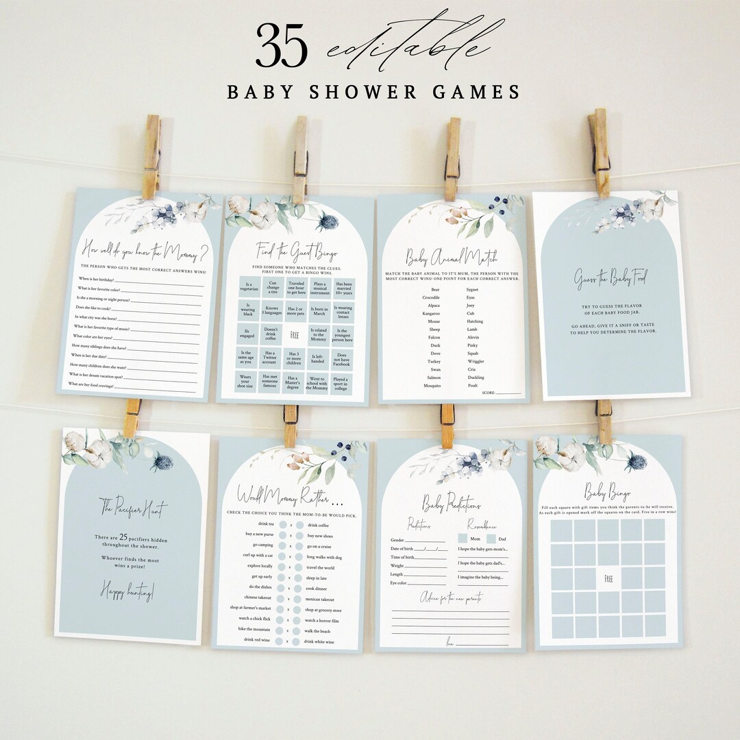 NINA - Dusty Blue Baby Shower Games Bundle, Editable Floral Baby Shower ...