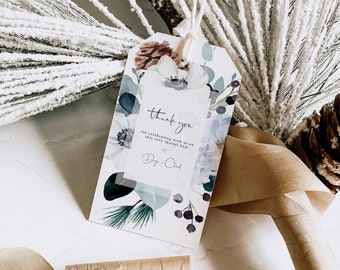 Modèle d'étiquette de cadeau bleu poussiéreux étiquette de remerciement pour mariage mariée hiver bleu fleurs pin conifère éditable imprimable TÉLÉCHARGEMENT IMMÉDIAT Win1