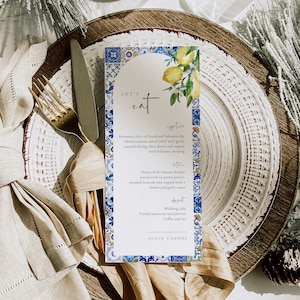 ALICIA - Blaue Fliesen und Zitronen Hochzeitsmenü, Bearbeitbare mediterrane Hochzeitskarte, Italien Hochzeitsmenü druckbar, Citrus Arch Menü