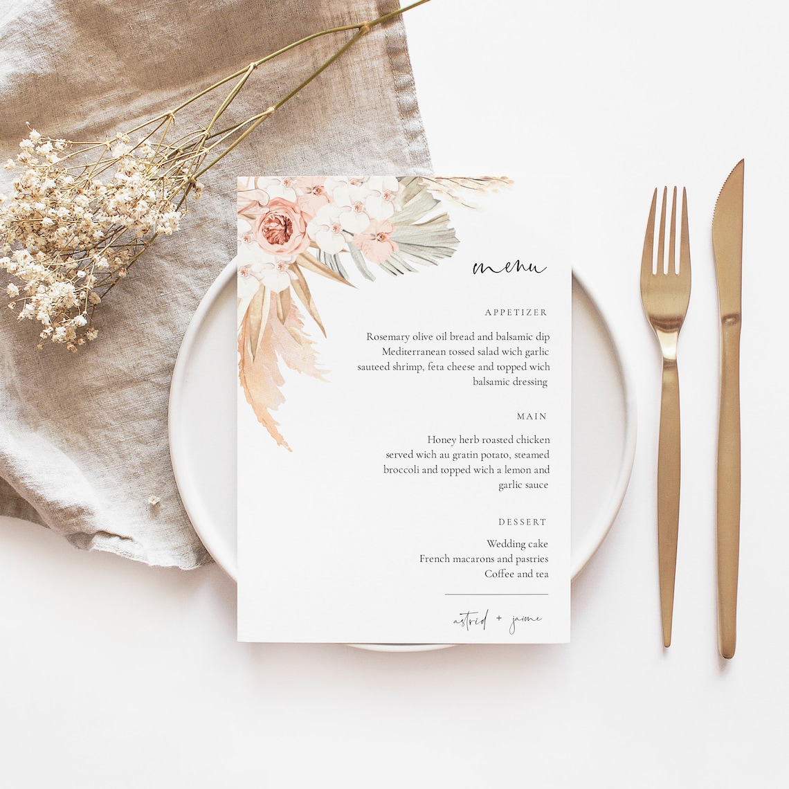 Boho Wedding Menu Template Pampas Grass Wedding Dinner Menu - Etsy