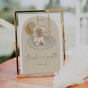 CLAIRE - Modificabile Boho Teddy Bear Baby Shower Libri e regali Segno, Orso a tema Baby Shower Tavolo Segno, Stampabile Boho Baby Sign, Arco