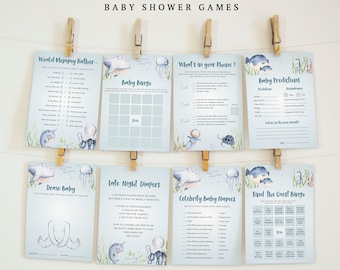 May include: A set of 10 printable baby shower games with an ocean theme. The games include "Would Mommy Rather", "Baby Bingo", "What's in Your Phone", "Baby Predictions", "Draw Baby", "Late Night Diapers", "Celebrity Baby Names", and "Find the Guest Bingo".