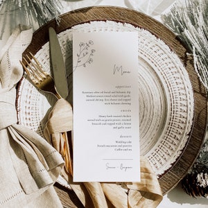 Modern Fine Art Floral Wedding Menu Template Minimalista Delicado Limpio Menú de Cena Tarjeta Editable Imprimible DESCARGA INSTANTÁNEA Templett Min1