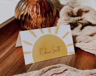 MILA - Sunshine Baby Shower Place Card Template, A Little Ray Of Sunshine Editable Place Card, Boho Sunshine Baby Shower Place Card