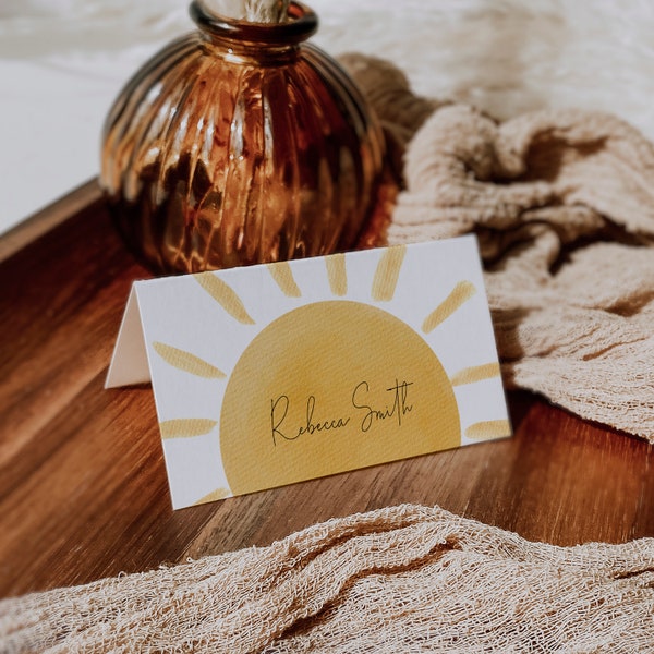 MILA - Sunshine Baby Shower Place Card Template, A Little Ray Of Sunshine Editable Place Card, Boho Sunshine Baby Shower Place Card