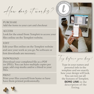 May include: A beige background with a graphic showing how to use a digital template. The graphic includes a laptop and a phone with the text "Edit with Templett Editable Template". The graphic also includes the text "How does it work?" and a list of steps: Purchase, Access, Edit, Download, and Print. The graphic also includes the text "Try before you buy!" and instructions on how to use the template.