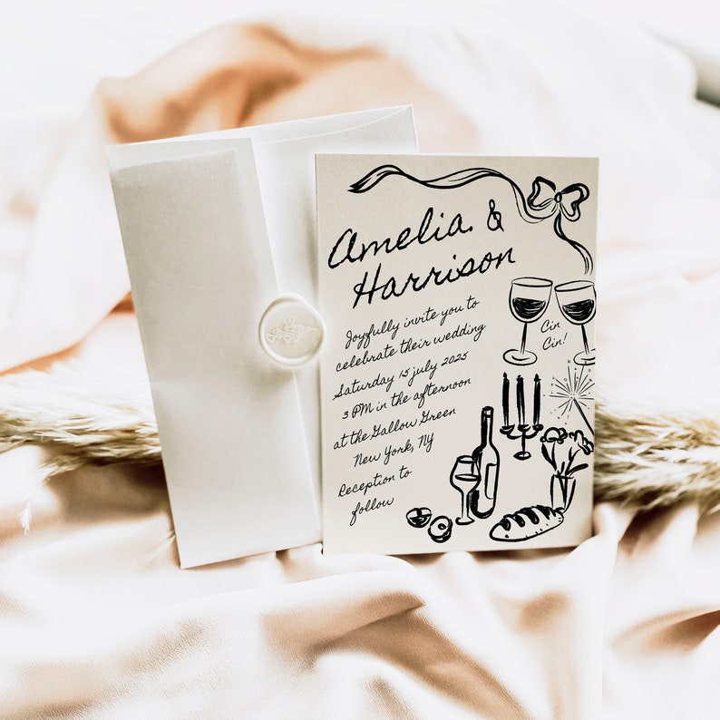 Puede incluir: Una invitaci&oacute;n de boda con fondo blanco y tinta negra. La invitaci&oacute;n presenta una ilustraci&oacute;n dibujada a mano de una botella de vino, vasos, velas y un lazo. El texto dice "Amelia & Harrison Joyfully invite you to celebrate their wedding Saturday 15 July 2025 3 PM in the afternoon at the Gallow Green New York, NY Reception to follow Cir Cin!"