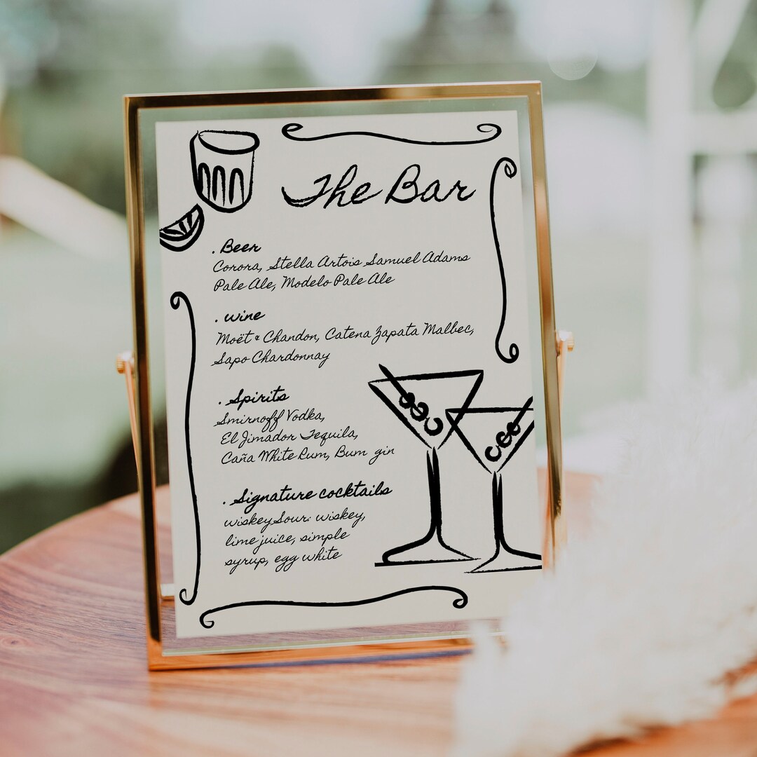 AMELIA - Wedding Bar Menu Template, Editable Hand Drawn Drink Menu ...