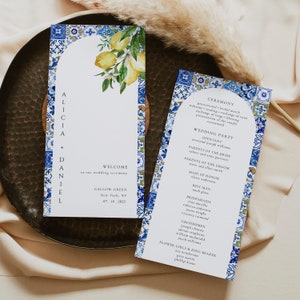 ALICIA - Blue Tiles and Lemons Wedding Program Template, Editable Mediterranean Wedding Program, Arched Wedding Program, Printable Program