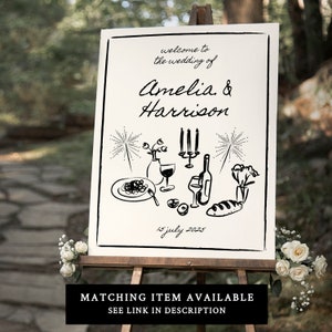 Puede incluir: Un cartel de boda blanco con texto negro e ilustraciones. El texto dice "bienvenidos a la boda de Amelia & Harrison 15 de julio de 2025". Las ilustraciones incluyen un plato de comida, copas de vino, una botella de vino, velas y fuegos artificiales.