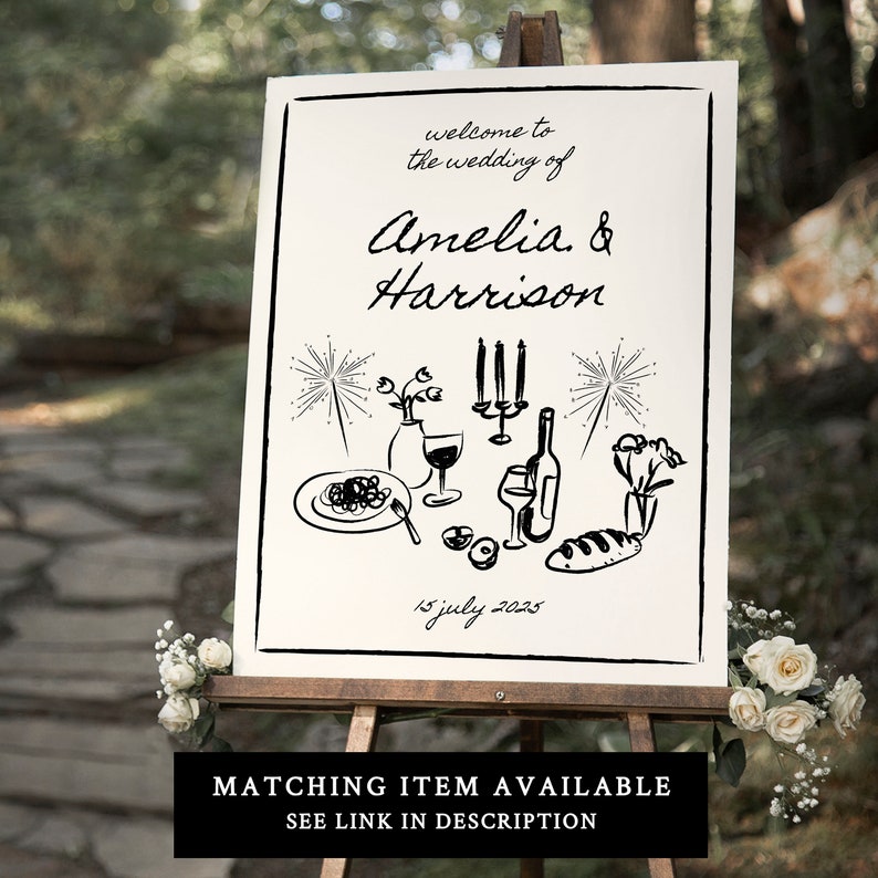 Puede incluir: Un cartel de boda blanco con texto negro e ilustraciones. El texto dice "bienvenidos a la boda de Amelia & Harrison 15 de julio de 2025". Las ilustraciones incluyen un plato de comida, copas de vino, una botella de vino, velas y fuegos artificiales.