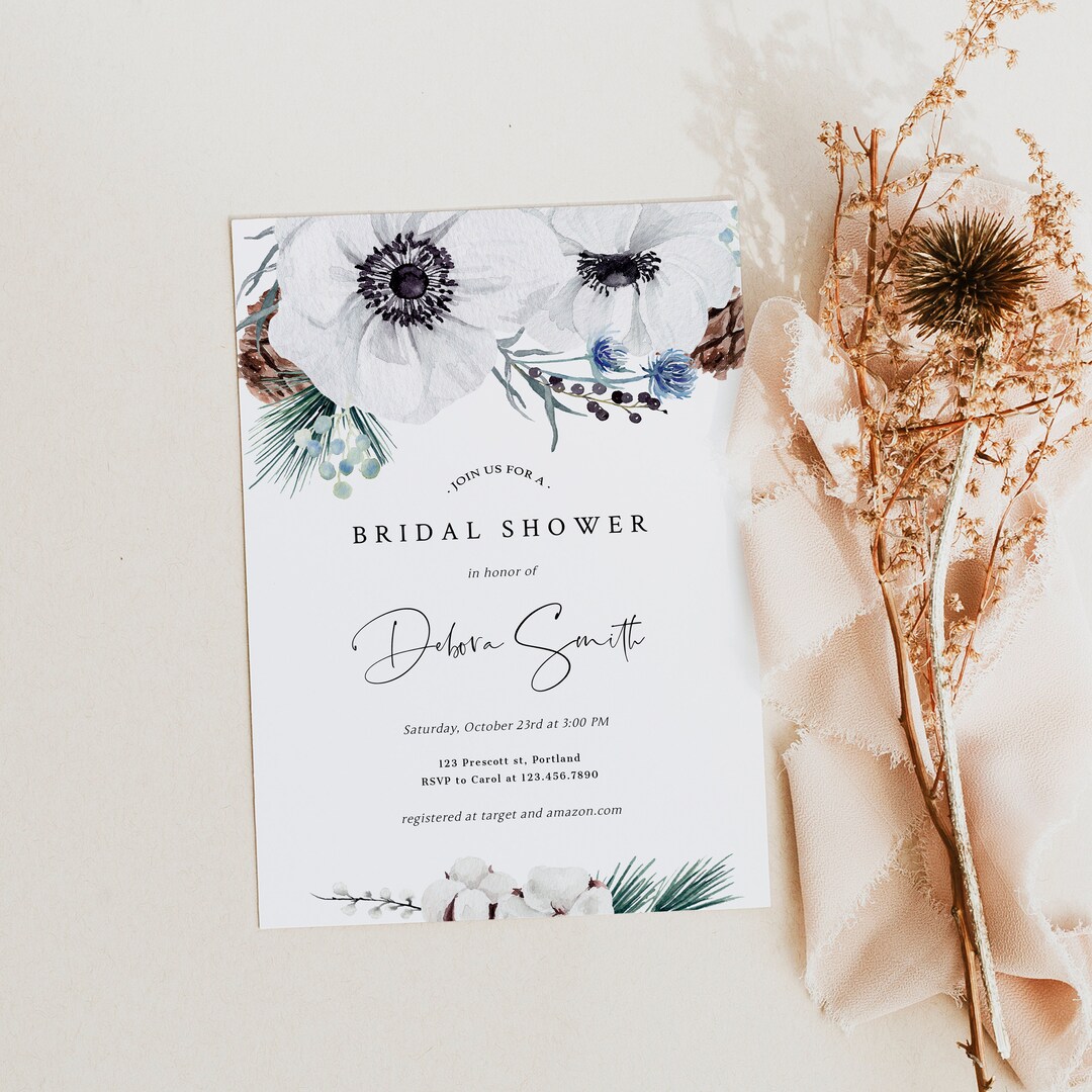 Dusty Blue Bridal Shower Invitation Template Winter Blue Floral Anemone ...