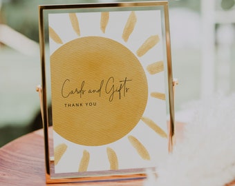 MILA - Sunshine Baby Shower Cards and Gifts Sign Template, A Little Ray Of Sunshine Editable Cards and Gifts Sign , Boho Sunshine Gift Sign