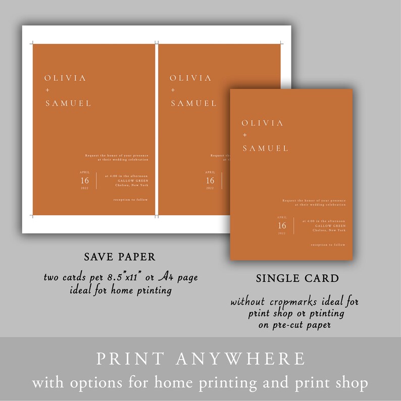 Puede incluir: Dos tarjetas de invitaci&oacute;n de boda imprimibles con un fondo naranja &oacute;xido y texto blanco. El texto dice "Olivia + Samuel" e incluye la fecha "16 de abril de 2022" y la ubicaci&oacute;n "Callow Green, Chelsea, Nueva York". Las tarjetas est&aacute;n etiquetadas como "Save Paper" y "Single Card".